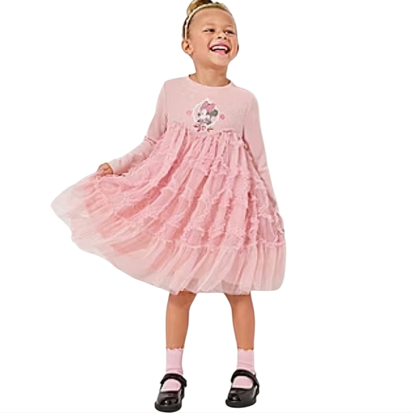 Disney Minnie Mouse Pink Long-Sleeve Tiered Tulle Toddler Little Girls Dress - Picture 5 of 6